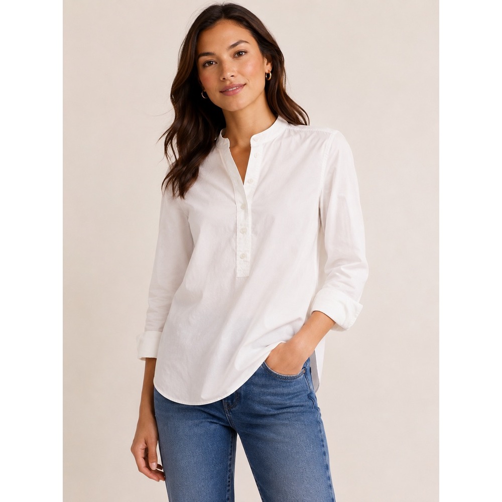 J.Crew Womens White Band Collar Roll Tab Sleeve Button Front Tunic Top Small